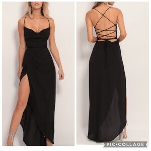 Lucy in the Sky Chiffon Luxe Maxi Dress Black Medium Tie Back Slit Lightweight